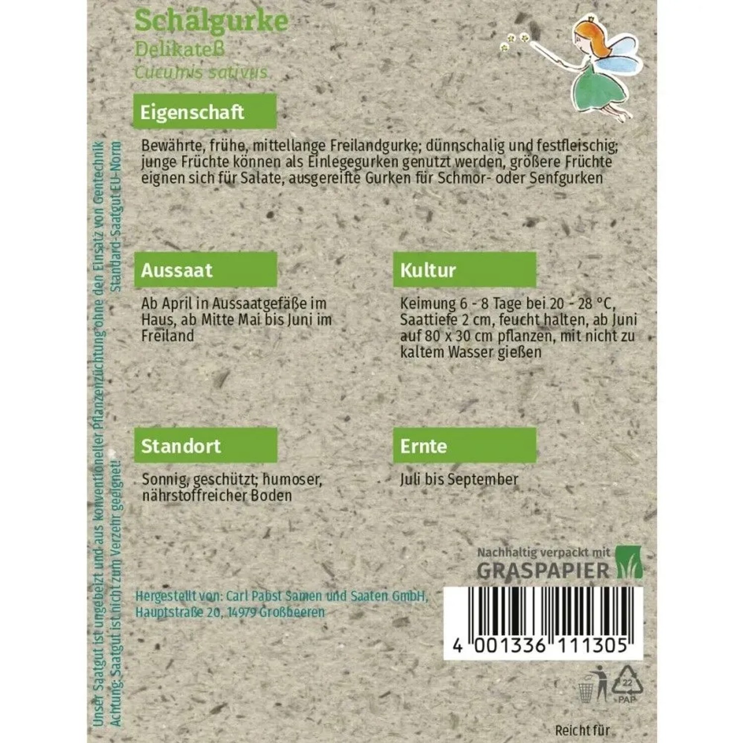 Samenpackung Grüne Fee Salat- und Schälgurke Delikateß. Mit Anbauinfos für Freilandgurken.