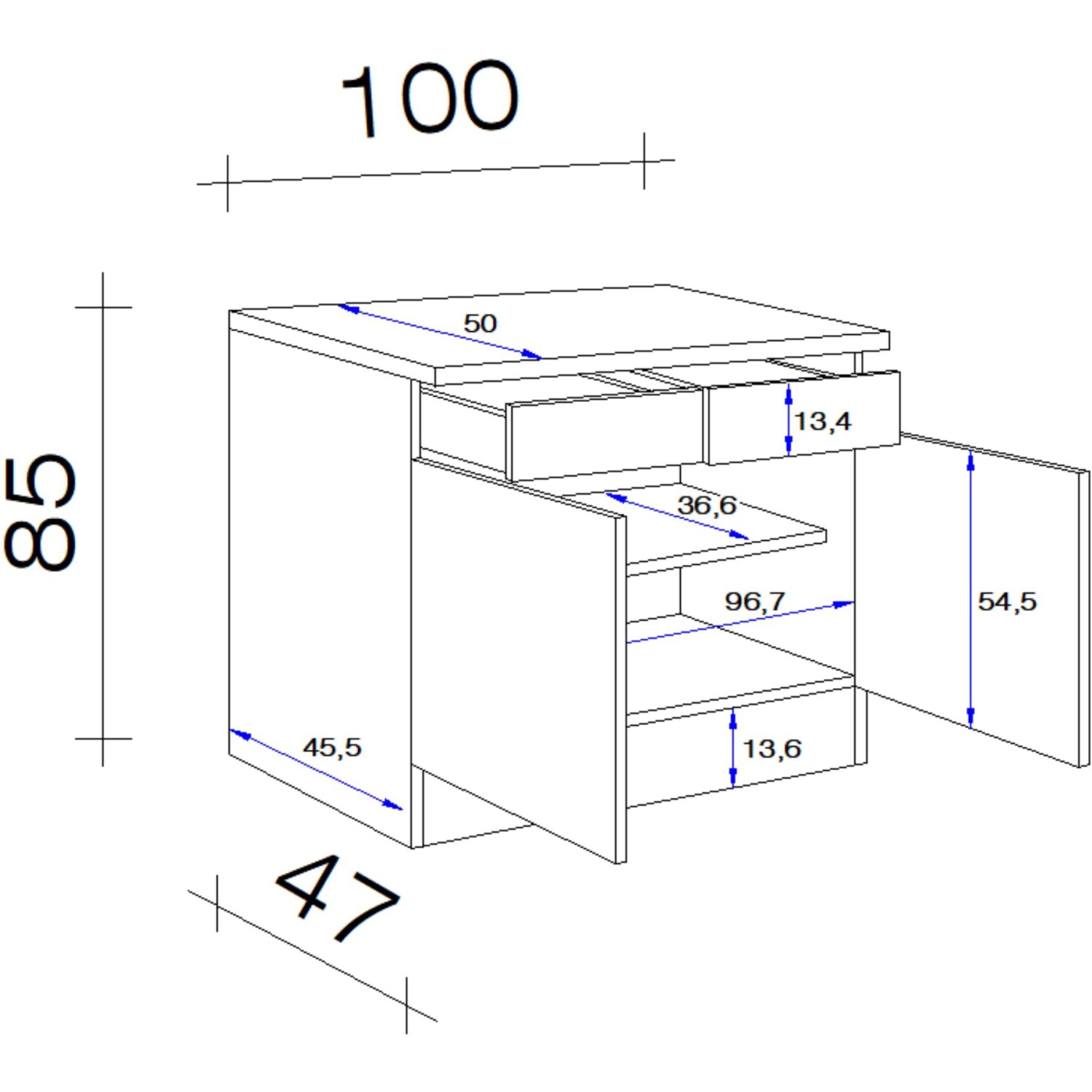 Skizze des Flex-Well Classic Unterschrank Speed, 100 cm, weiß, mit Maßangaben.