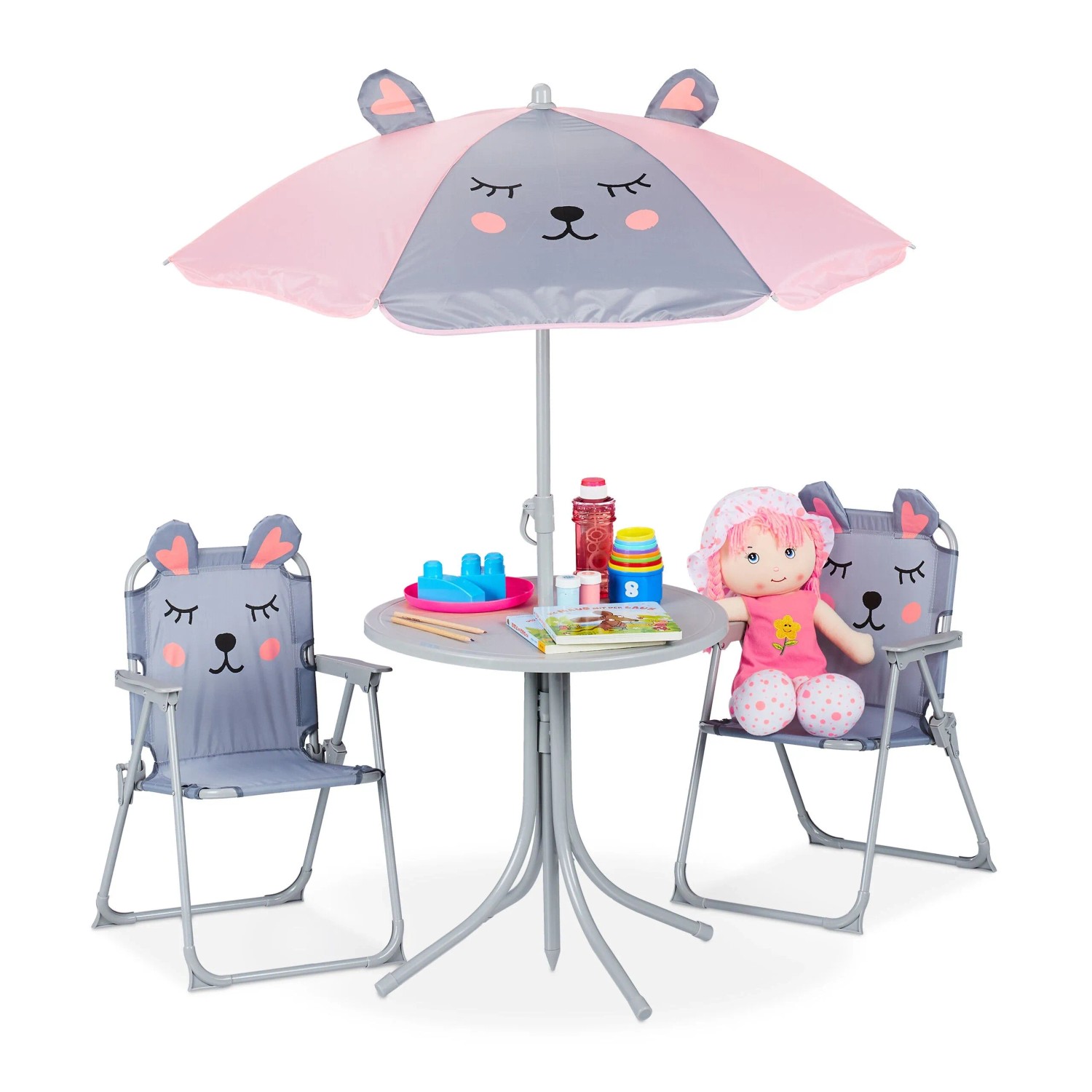 Relaxdays Kindersitzgruppe Eisen Kunststoff Polyester mit Schirm Maus 53 cm x 36 cm x 37,5 cm