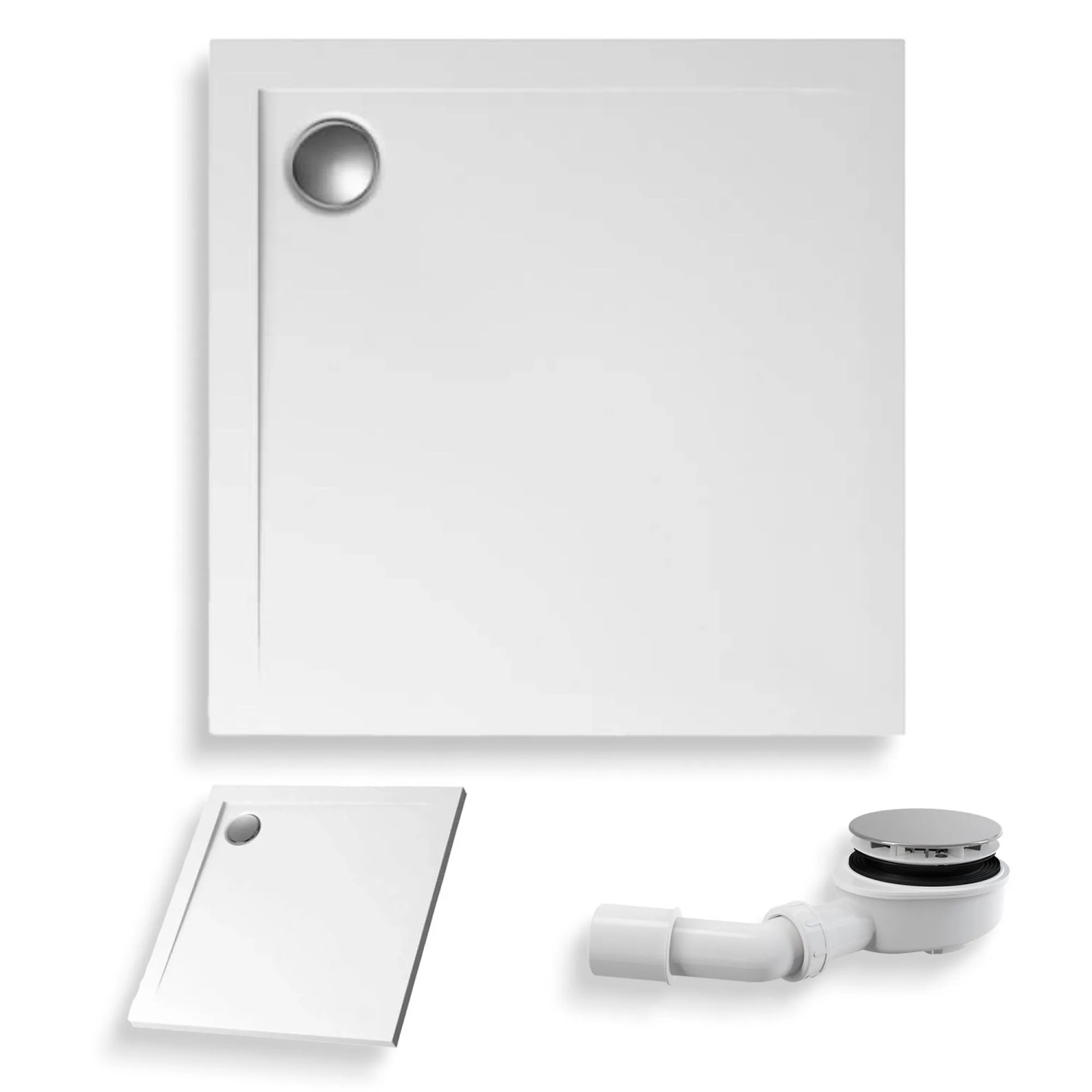 KOLMAN DUSCHWANNE Quadratisch Weiß Steinoptik 100x100 cm Set mit Ablaufgarnitur