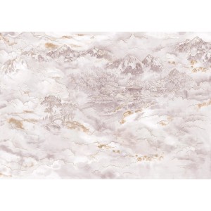 Komar Vlies Fototapete Kingdom (400x280 cm) mit Berglandschaft, Wolken und asiatischem Pavillon.