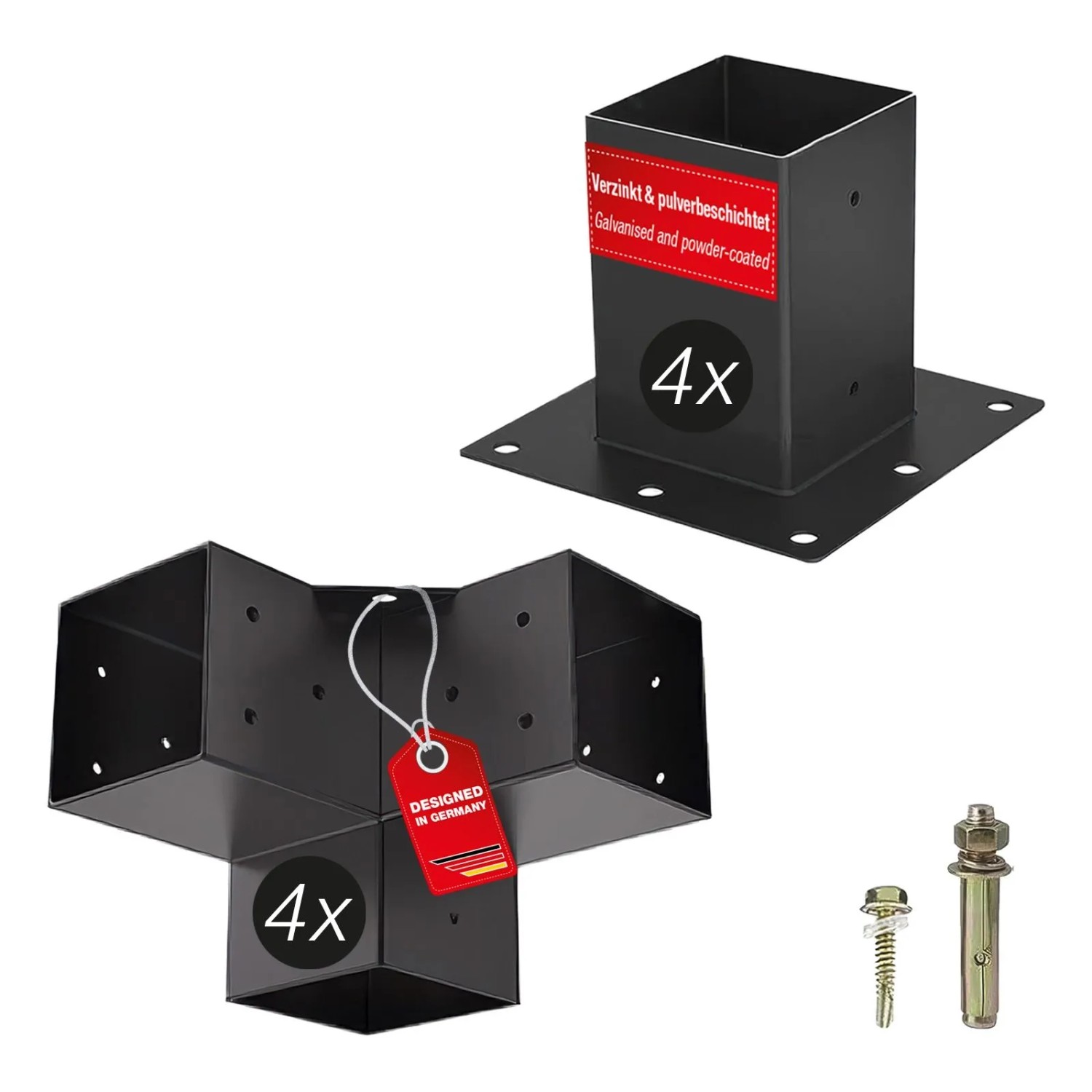 SOTECH Aufbau Set 8-teilig 4x Eckverbinder 4x Bodenhülse Vierkant 90 x 90 mm Stahl Verzinkt Schwarz Pulverbeschichtet