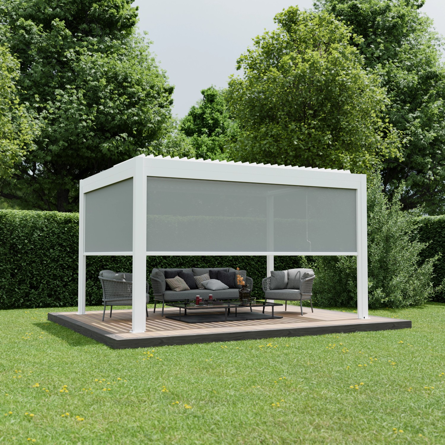 Ximax Seitenmarkise aus Aluminium, weiße Pergola mit grauem Sichtschutz im Garten.