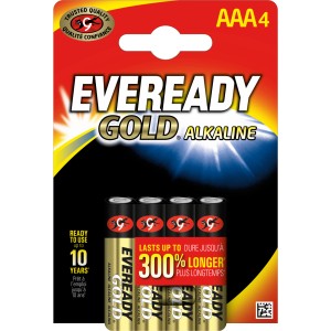 4er-Pack Eveready Gold AAA Batterien, Alkaline, für Spielzeug und Fernbedienungen.