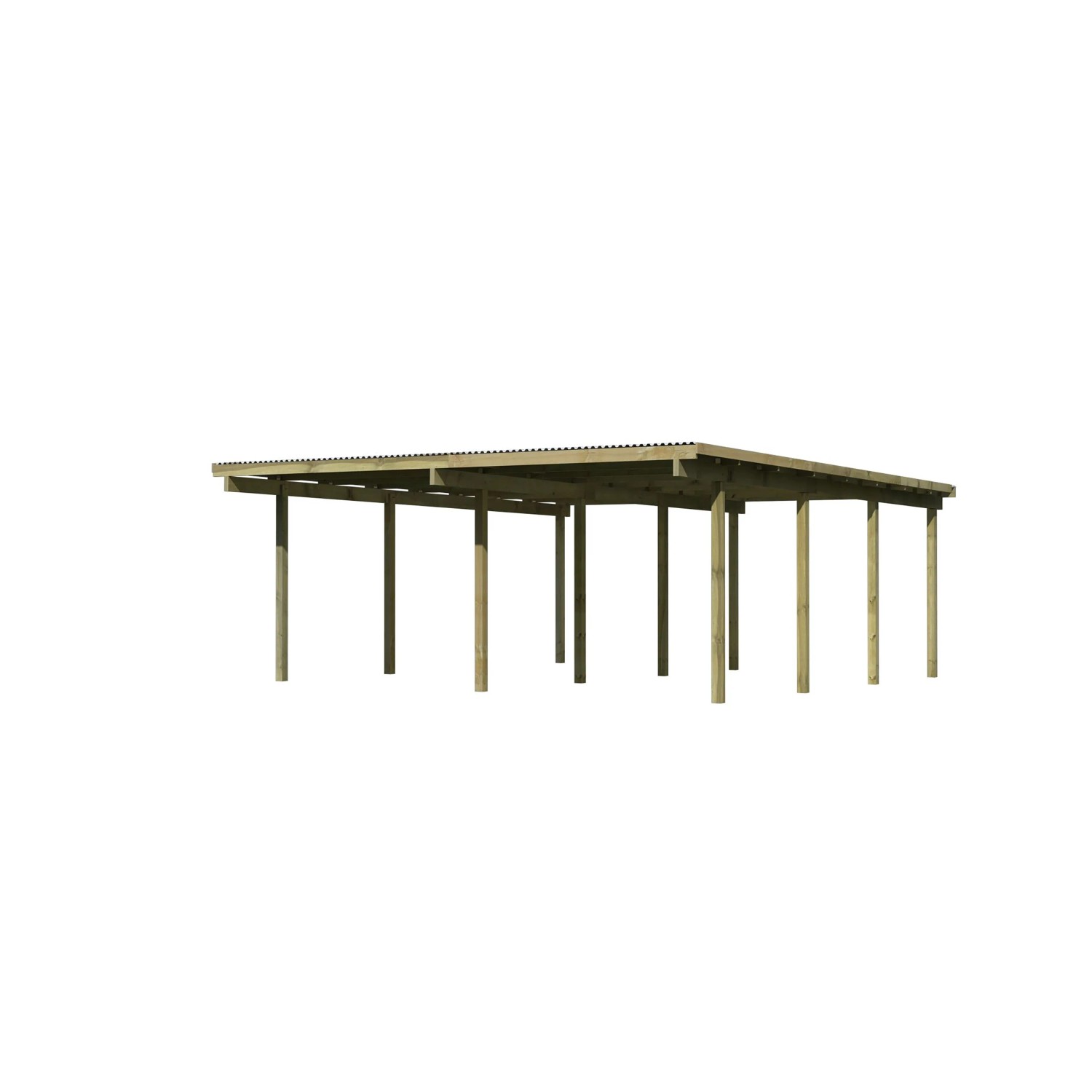 Karibu Doppelcarport Eco aus Holz mit PVC Dachplatten und soliden Pfosten.