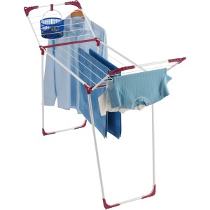 Wenko Wäscheständer Summer Dry, weiß-pink, mit Wäsche und Kleiderbügelvorrichtung.