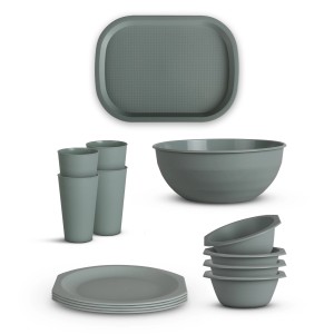 ProHome Kunststoff Geschirrset, 14-teilig, grün: Teller, Schüsseln, Becher und Tablett.