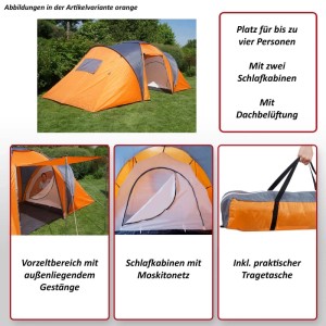 MCW Campingzelt Loksa, orange-grau, für 4 Personen. Wasserdicht, mit 2 Schlafkabinen, Moskitonetz, Vorzelt & Tragetasche.
