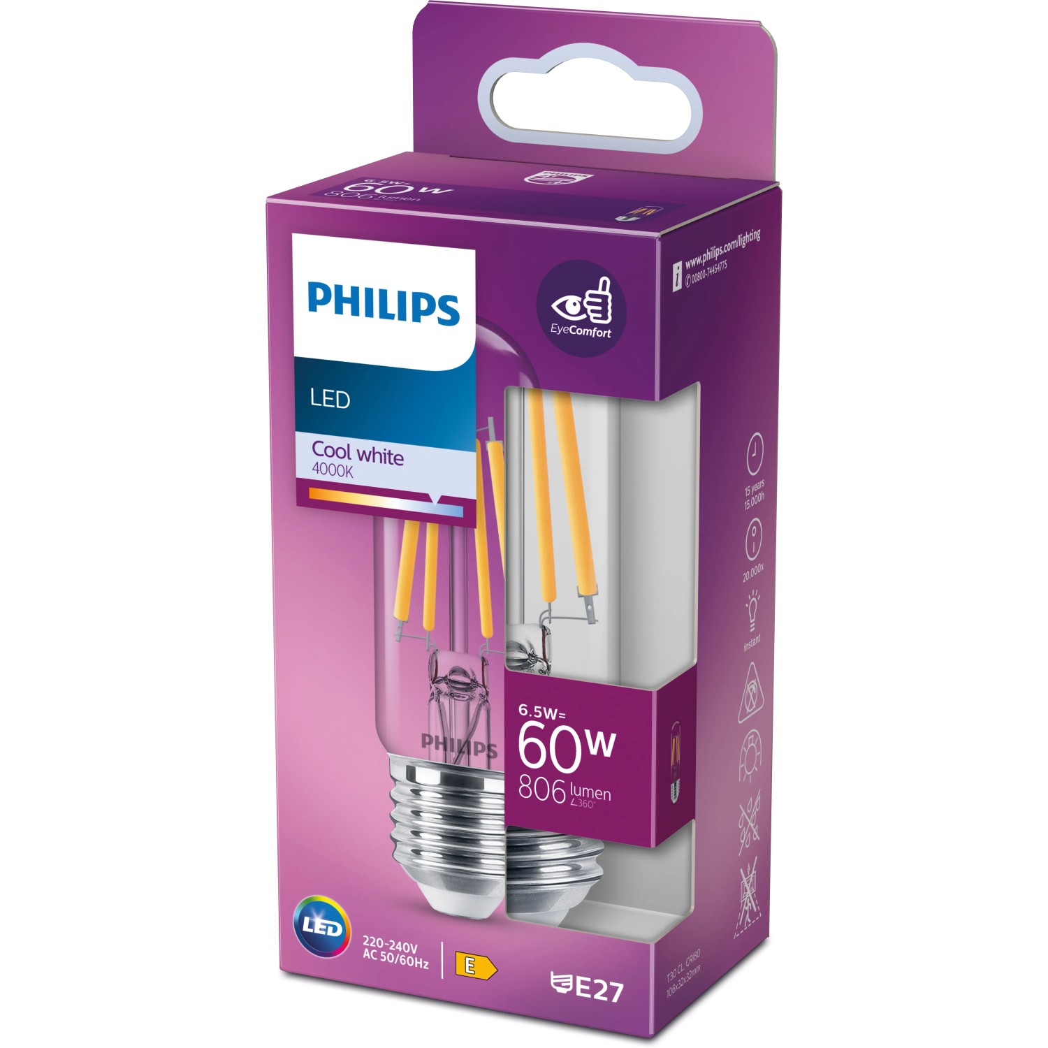 Philips LED-Lampe E27, 6,5W, neutralweiß, 806 lm, in Produktverpackung.