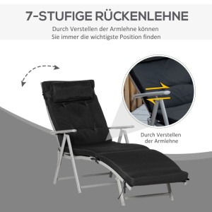 Furnicato Sonnenliege, klappbar, schwarz, mit Kopfkissen und 7-fach verstellbarer Rückenlehne.