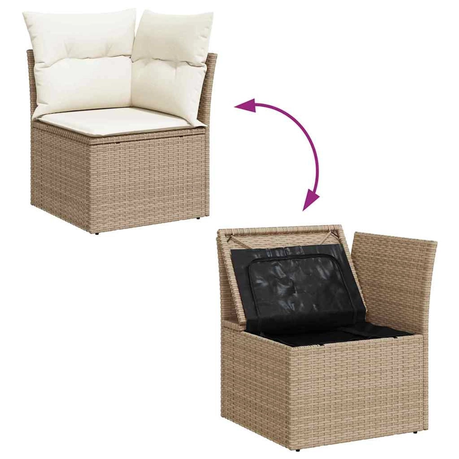 Beiges vidaXL Gartenmöbel Sofa-Set mit Kissen und Stauraum, Poly Rattan.