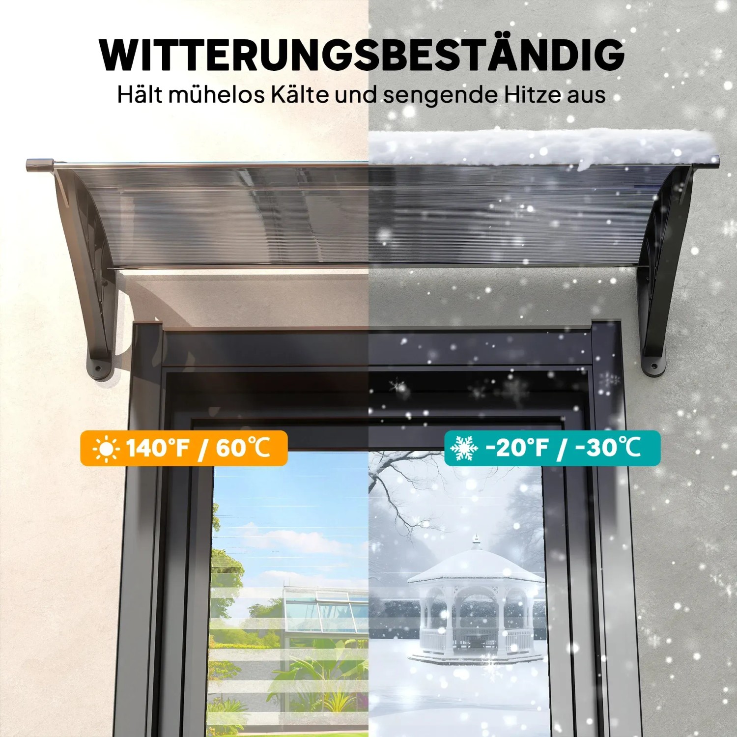 Outsunny Haustürvordach aus Polycarbonat, schwarz, wetterfest und UV-beständig.