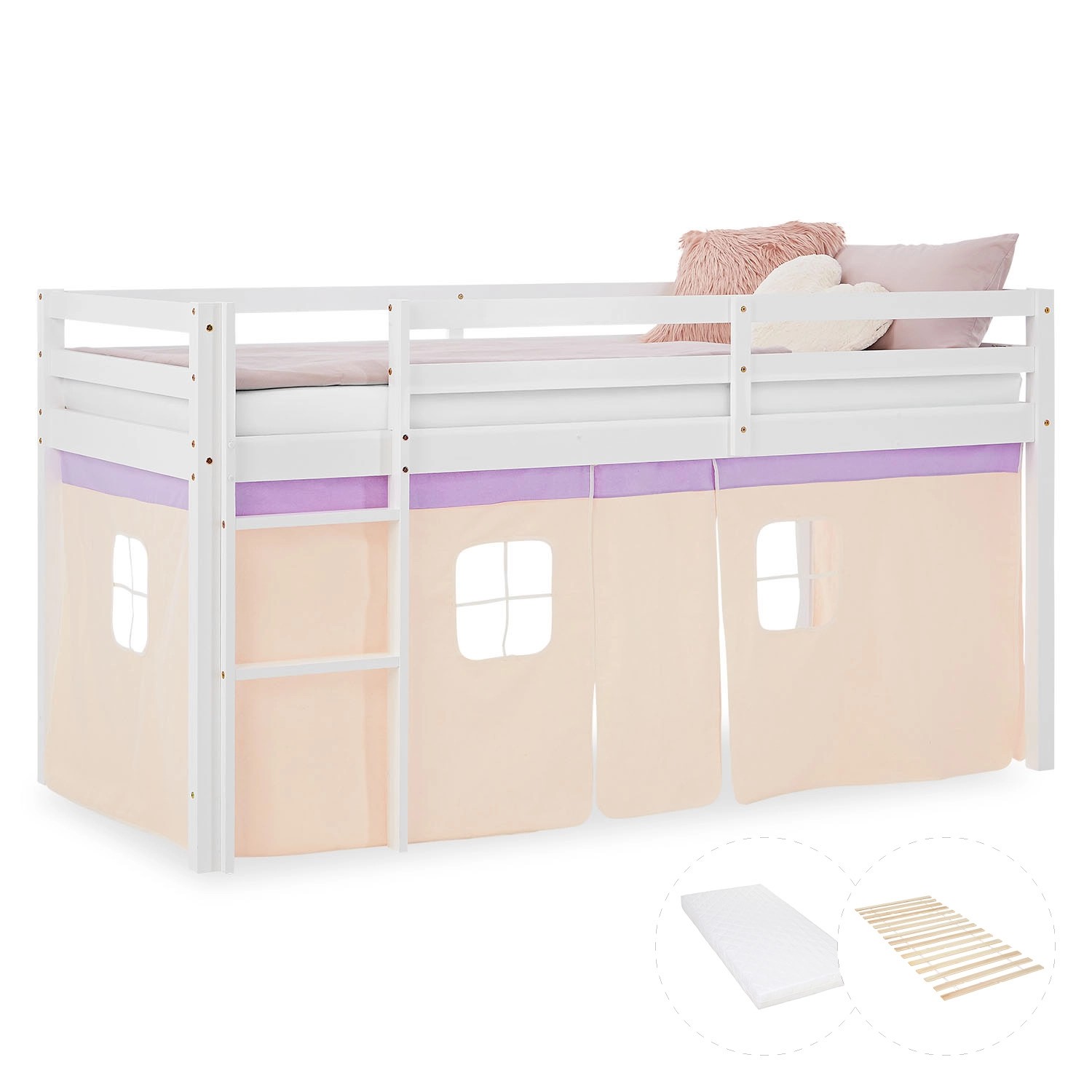 Homestyle4u Kinder Hochbett 90x200 mit Matratze Vorhang Lila Orange 2960 günstig online kaufen