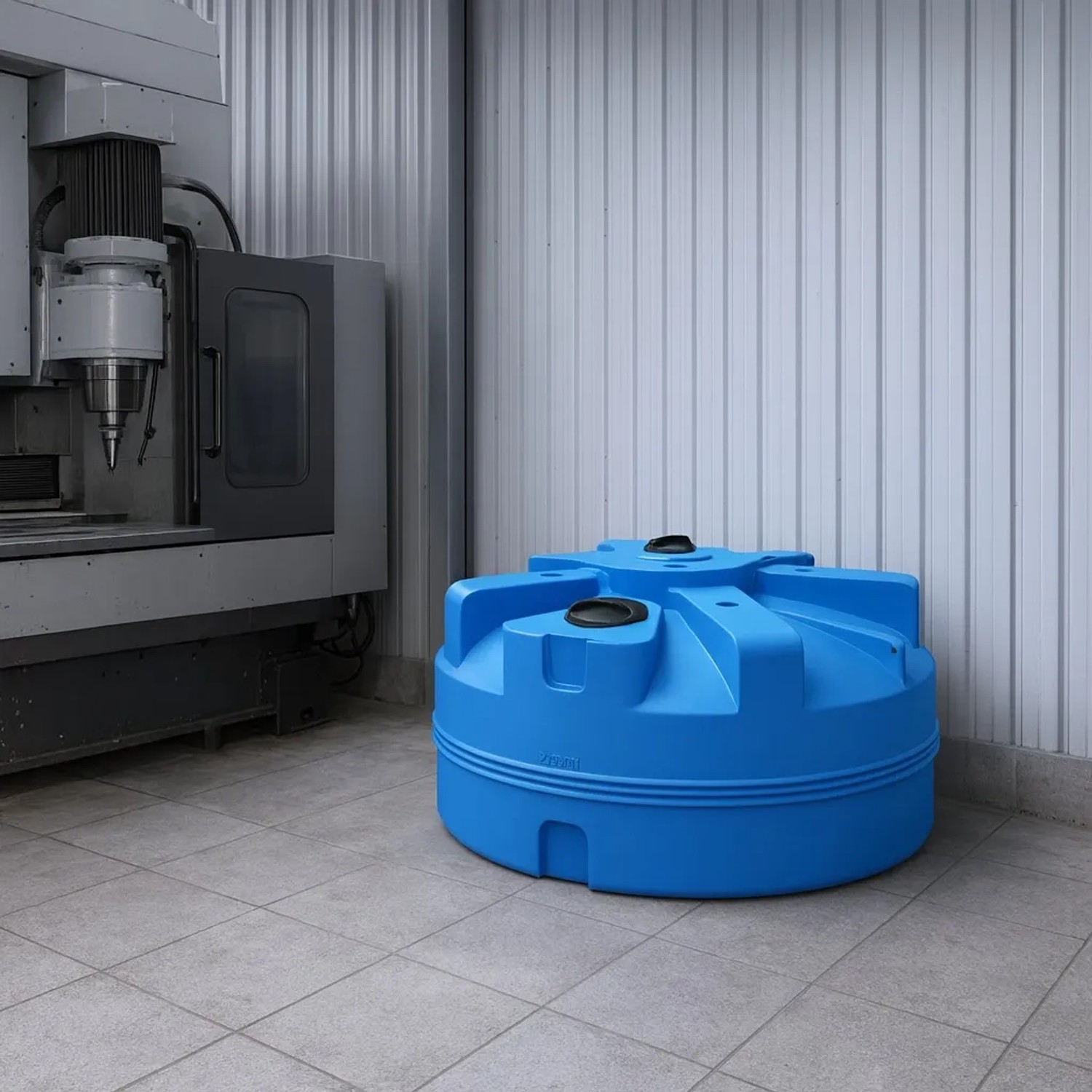 Großer blauer KMND 3000L Trinkwasser Wassertank aus robustem PE mit Deckeln, auf Fliesenboden in einer Werkstatt.