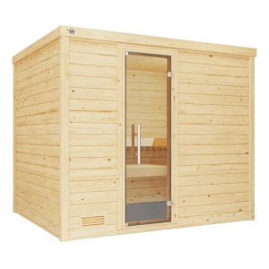 Weka Massivholzsauna Bergen 3 Sparset mit Glastür und 7,5 kW Ofen.