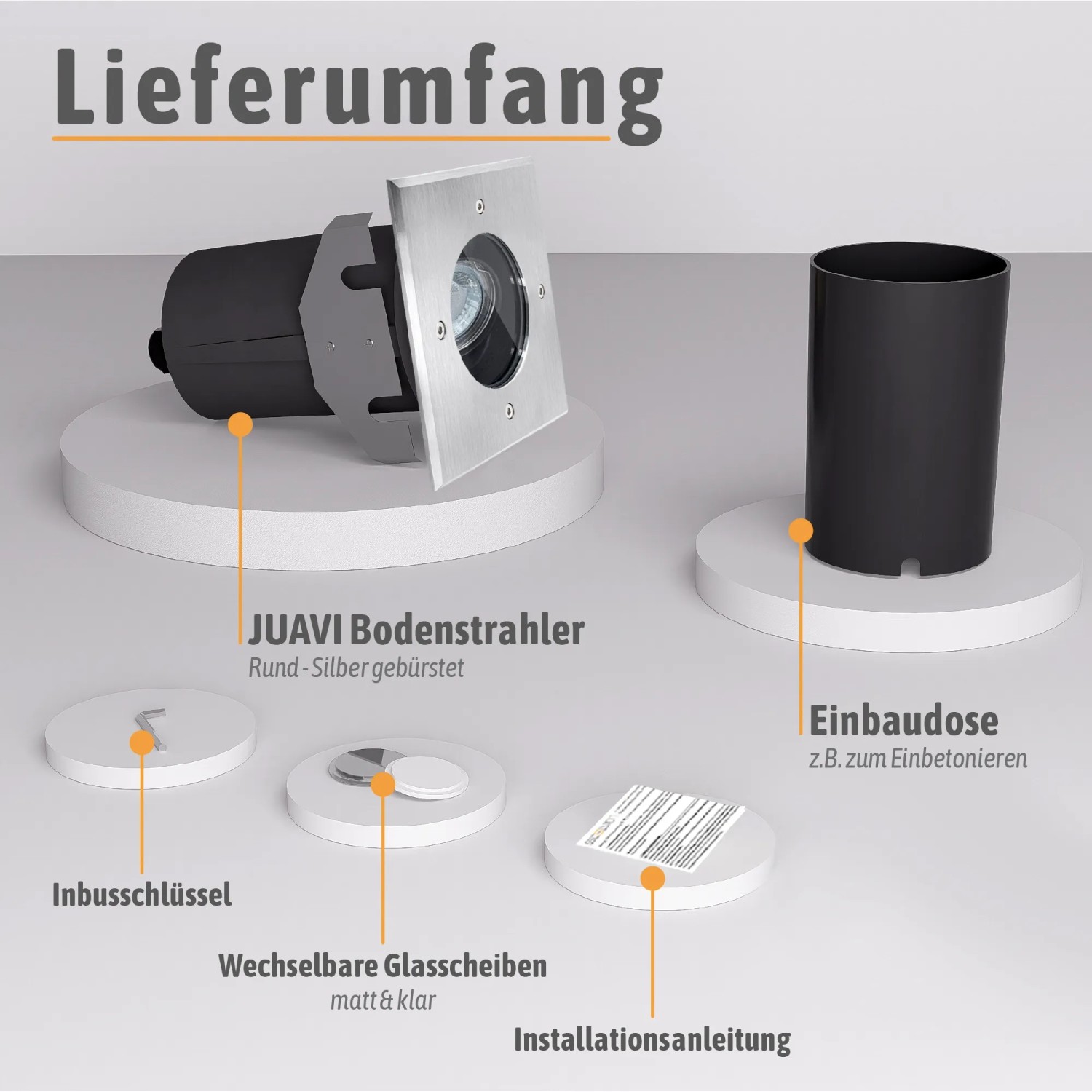 Set: Eckiger Juavi Bodeneinbaustrahler in Silber, mit Einbaudose, Inbusschlüssel, Glasscheiben und Anleitung.