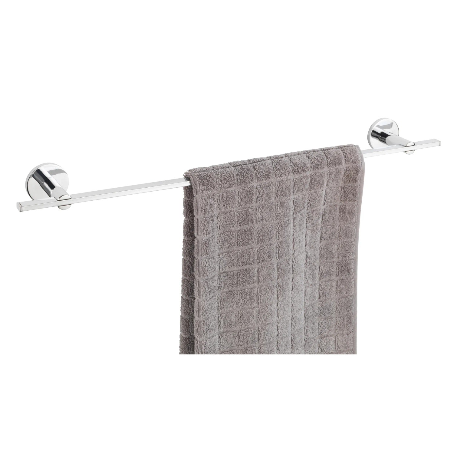 Wenko Badetuchstange Uno Isera, 60 cm, silber glänzend mit grauem Handtuch.