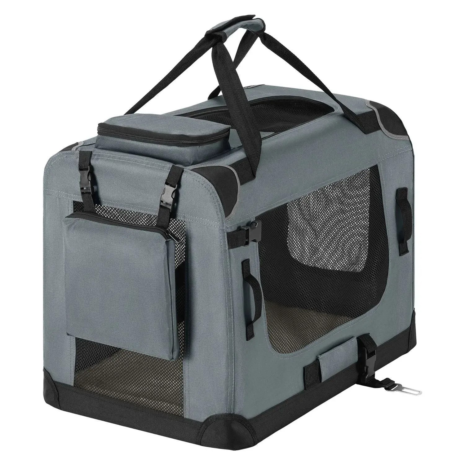 Faltbare, dunkelgraue Hundetransportbox Lassie M von Juskys mit Tragegriffen und Außentasche.