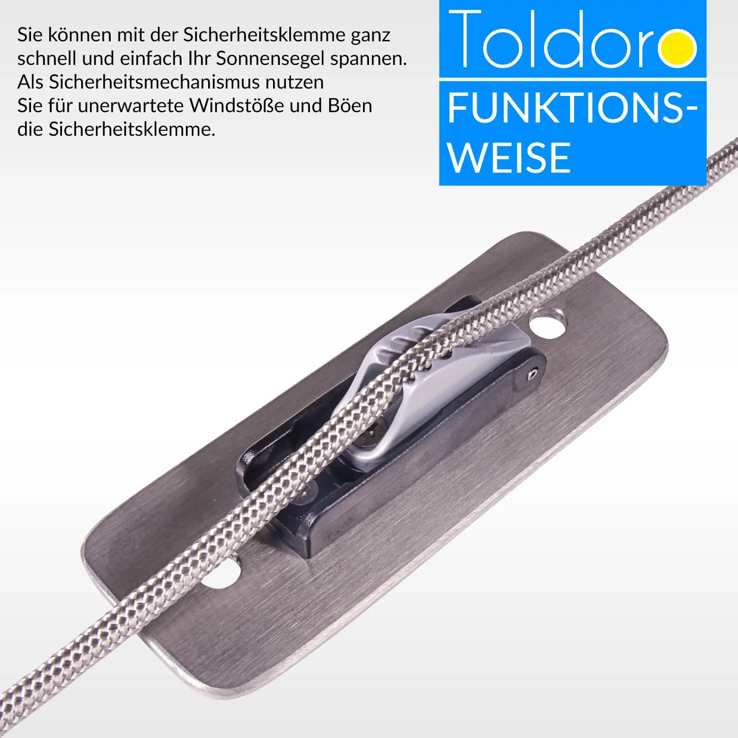 Toldoro Sicherheitsklemme CL257 für 4-6 mm Tauwerk auf Wandplatte. Boot-Zubehör für Sonnensegel.