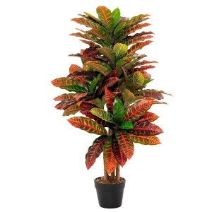 Costway Kunstpflanze Palmenbaum, 100 cm, mit bunten rot-grünen Blättern im schwarzen Topf. Realistische Optik.