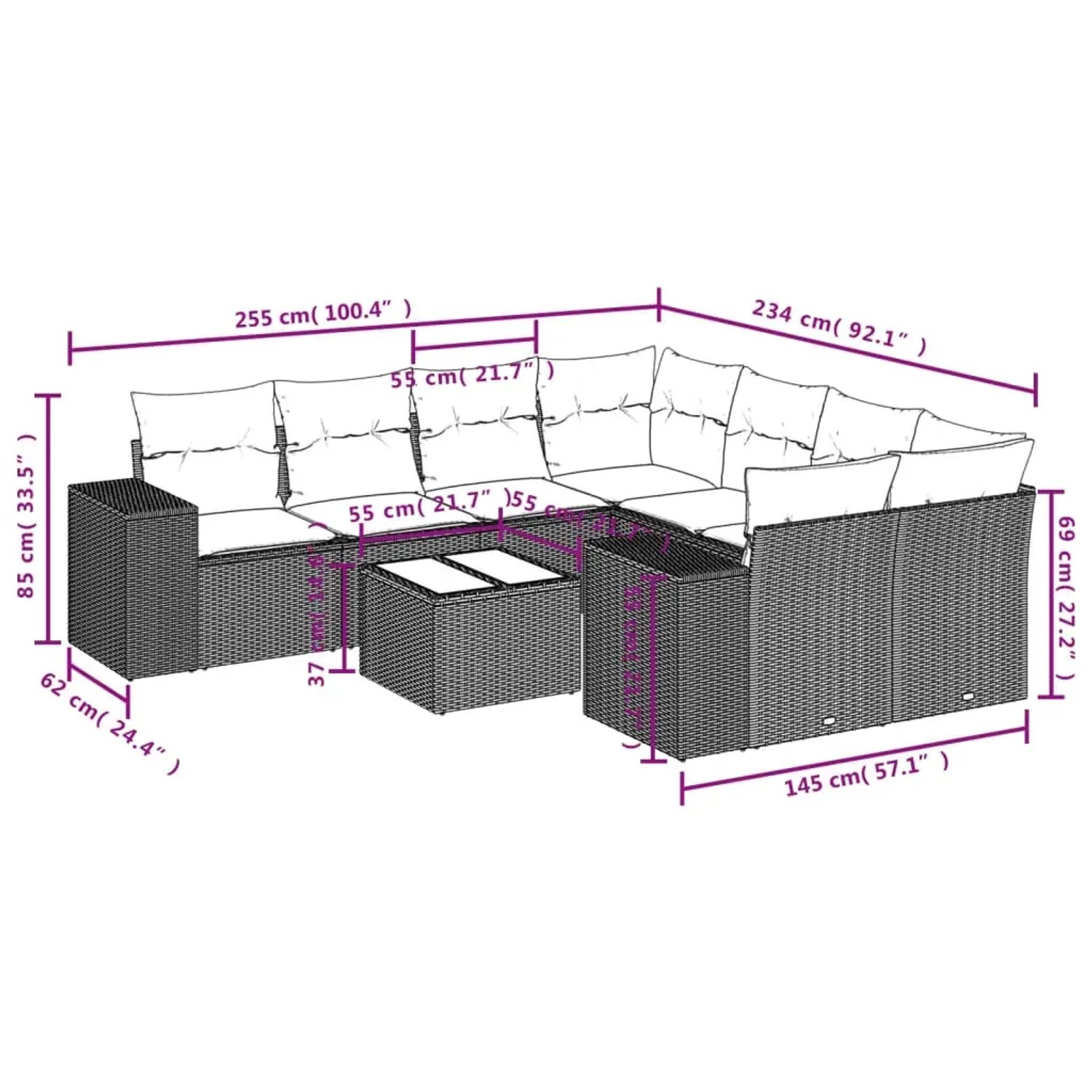 vidaXL 9-tlg. Garten-Sofagarnitur, schwarzes Poly Rattan mit Maßen. Ideal für Terrasse und Garten.