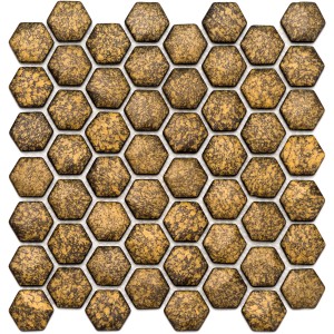 Mosaikmatte Ebru Hexagon Glas Gold, 29x29cm. Goldfarbene Mosaikfliesen für Wandgestaltung.