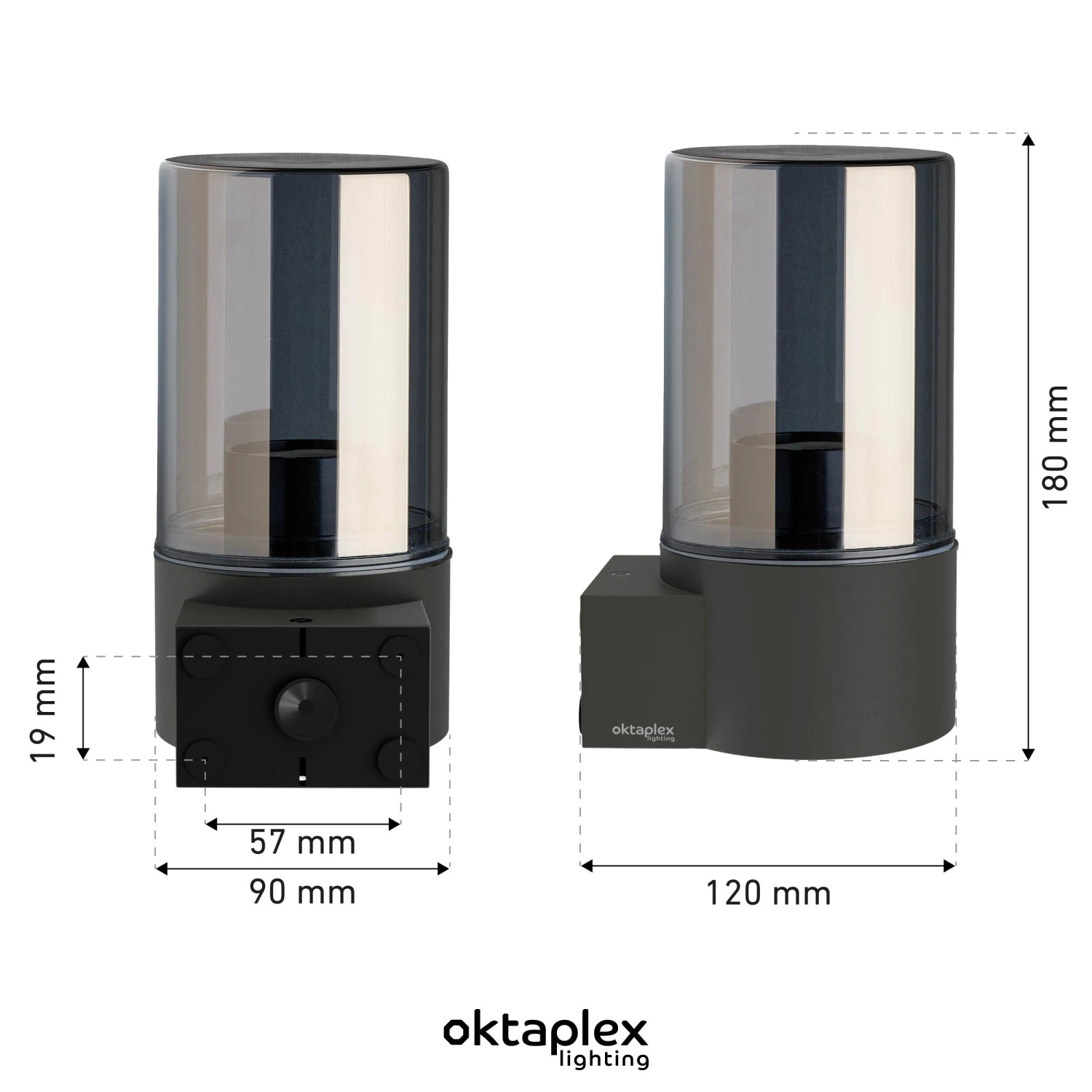 Oktaplex Puno Außen Wandleuchte, Aluminium anthrazit mit Rauchglas, Abmessungen