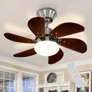 Silberner NETTLIFE Deckenventilator mit 6 dunkelbraunen Holzoptik-Flügeln und integriertem Licht. Inkl. Fernbedienung.