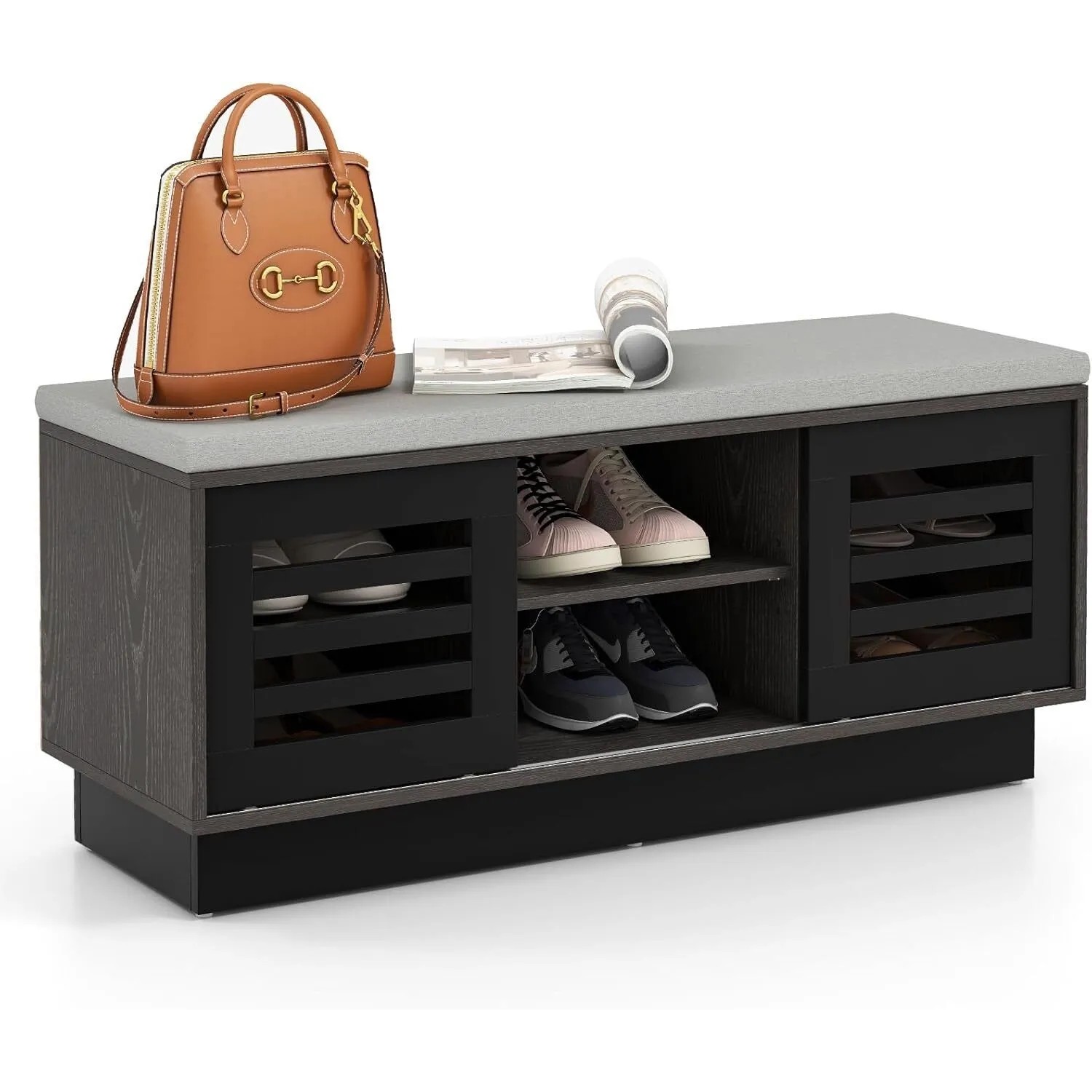 Costway Schuhbank mit 6 Fächern, 3 Ablagen und Sitzkissen, schwarz/grau. Schuhschrank für Flur und Eingangsbereich.