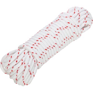 Weiße Schotleine aus Polyester (Ø 10 mm) mit roten Markierungen, aufgerollt.