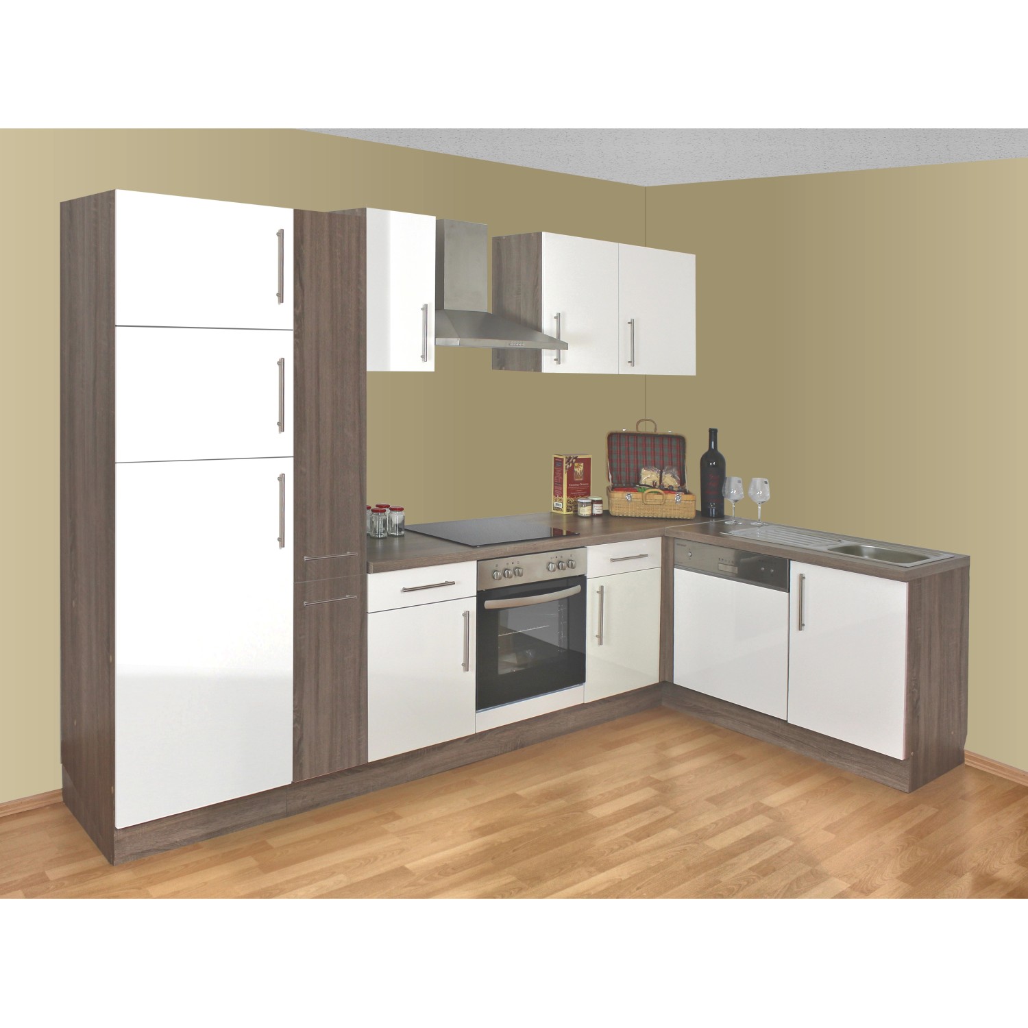 Menke Winkelküche/L-Küche Julia II 310 cm Weiß Hochglanz Lack Sonoma-Trüffel-Nachbildung