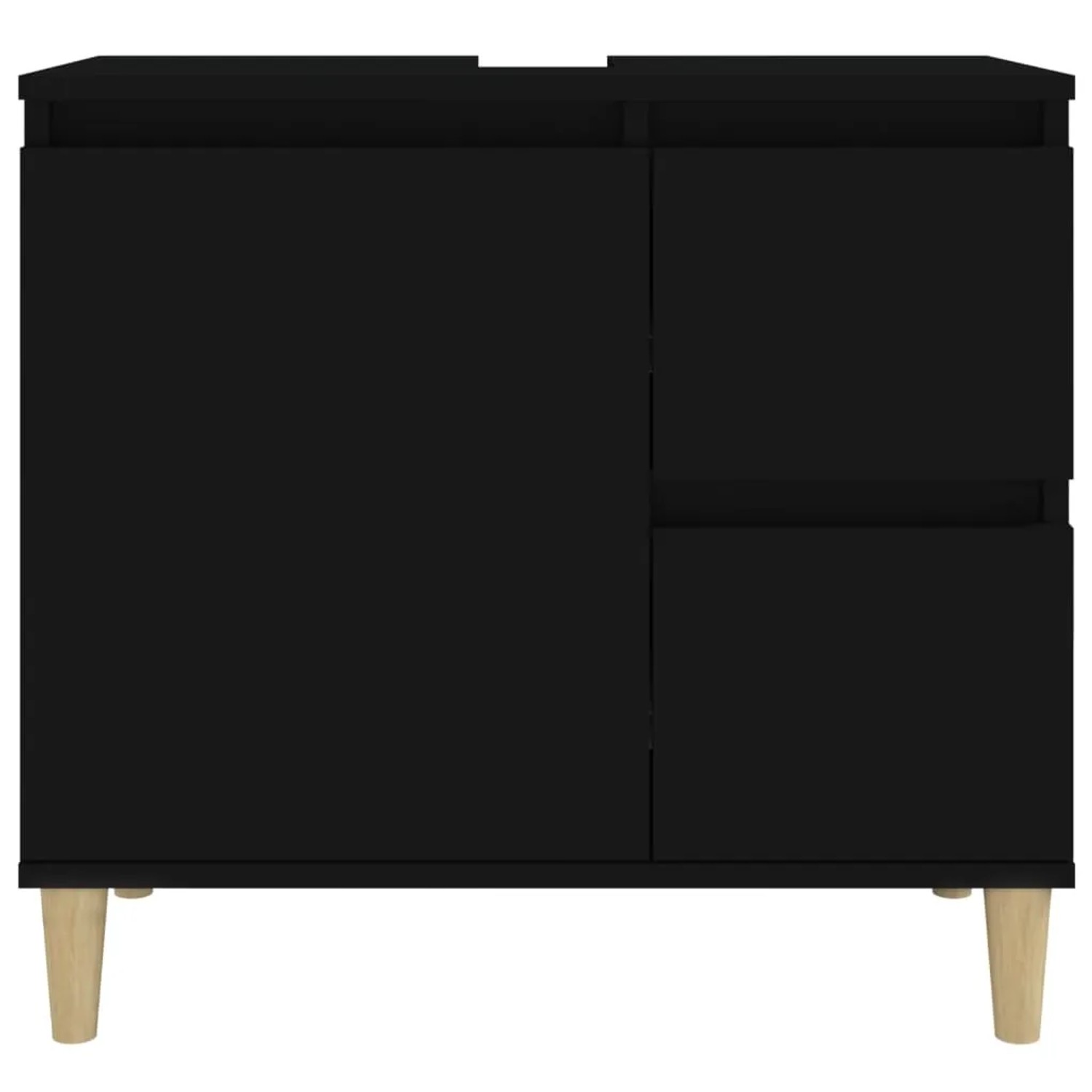 Schwarzer vidaXL Badschrank (65x33x60 cm) mit Schubladen, Tür und Holzfüßen.