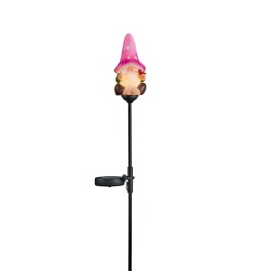 LED-Gartenstecker Gnom, 71cm, rosa. Dekorative Gartenfigur mit Beleuchtung für den Außenbereich.