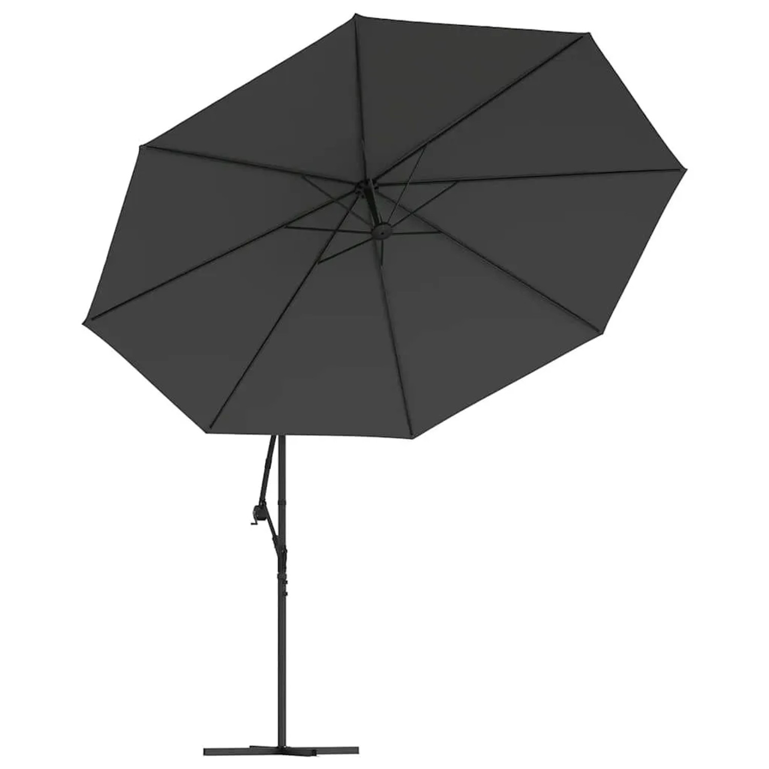 Anthrazitfarbener Ampelschirm, 350 cm Durchmesser, mit Aluminium-Mast und Kreuzfuß, geöffnet.
