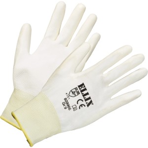 Weiße Malerhandschuhe Größe 9 aus Nylon mit PU-Beschichtung für Feinarbeiten.