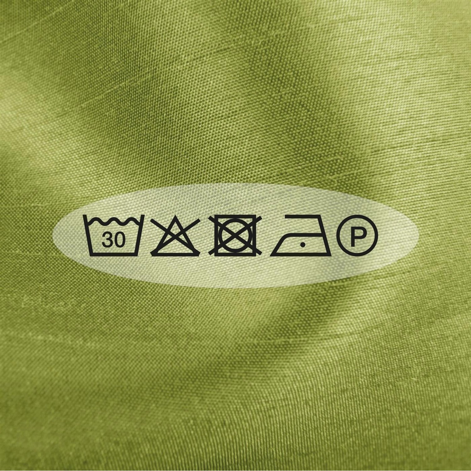 Pflegehinweise für Arsvita Gardine Alessia Grün: Waschen bei 30 Grad, nicht bleichen, nicht trocknen, bügeln, chemische Reinigung.