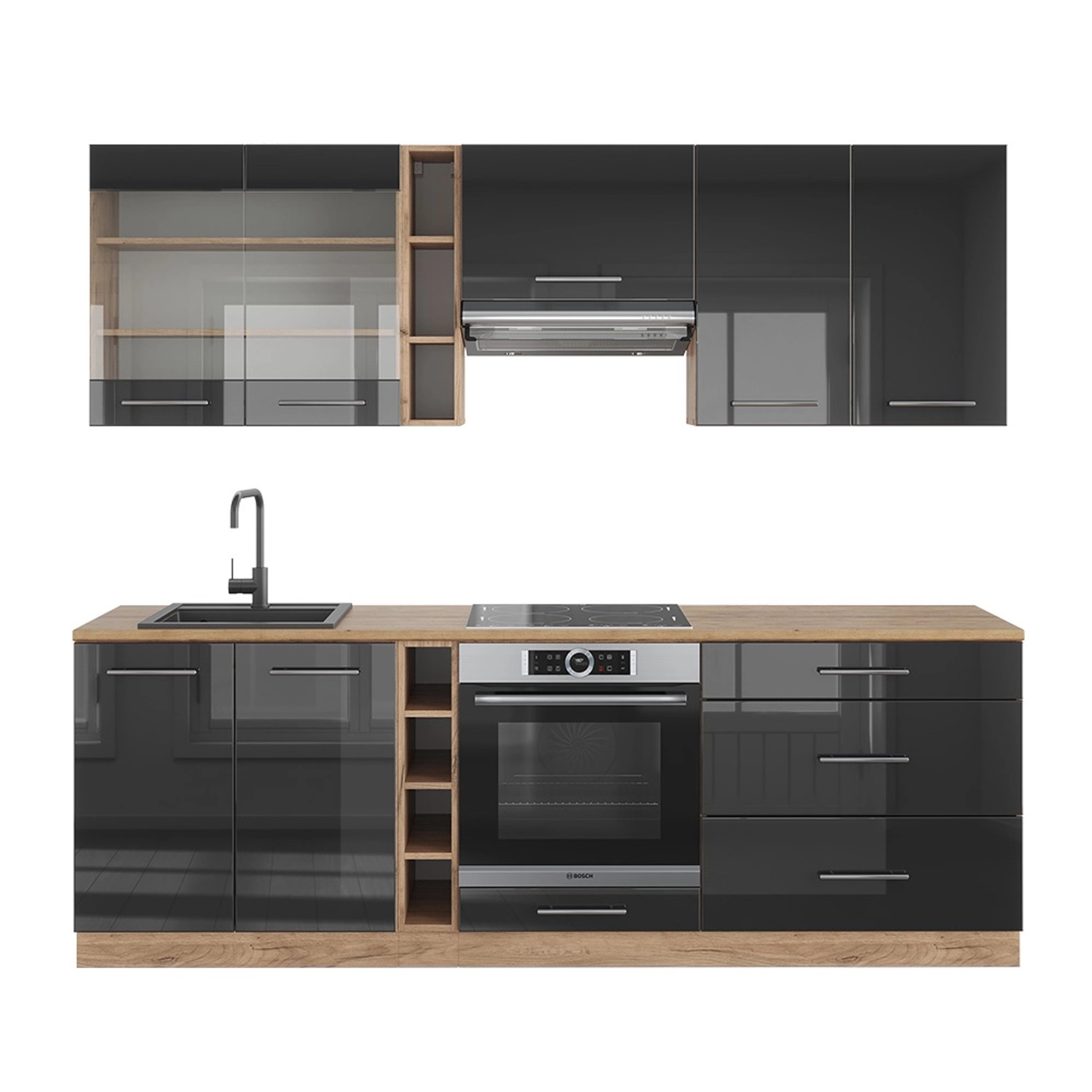 Vicco Fame-Line Küchenzeile Anthrazit Hochglanz/Goldkraft Eiche 235 cm ohne günstig online kaufen