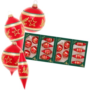 Krebs Glas Lauscha Weihnachtsornamente Set, 16-teilig, rote Christbaumkugeln mit goldenen Sternen.