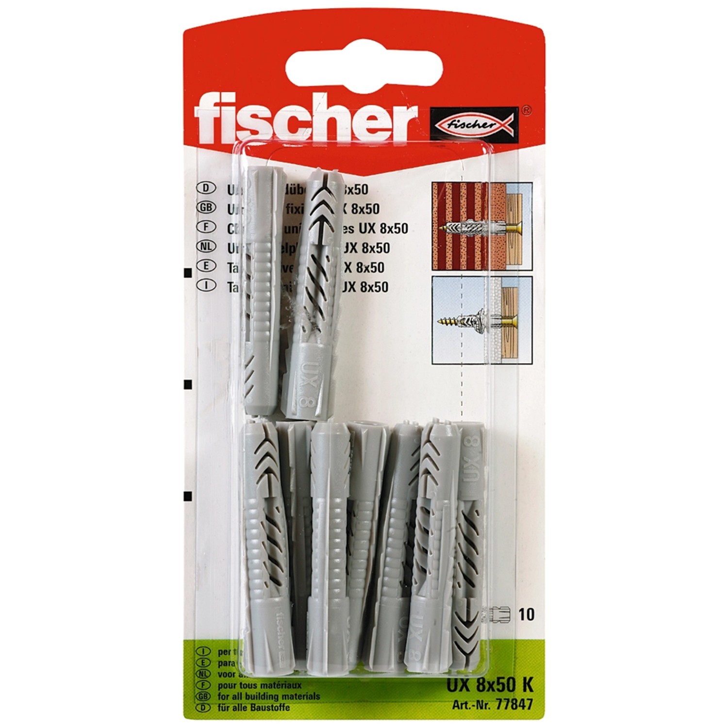 Fischer Universaldübel UX 8x50 K, 10er-Packung, geeignet für verschiedene Baustoffe.
