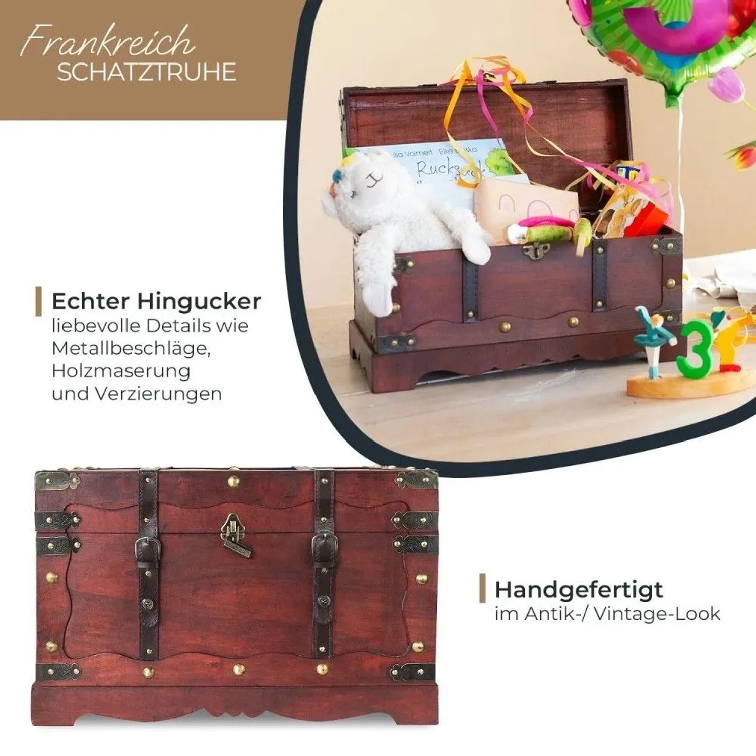 Dunkelbraune HMF Holztruhe im Antik-Look mit Metallbeschlägen, offen gefüllt mit Spielzeug und geschlossen mit Schloss. Aufbewahrung.