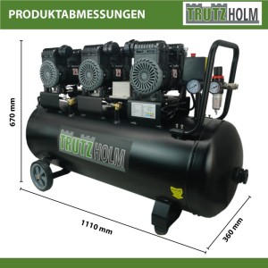 TRUTZHOLM Flüsterkompressor 100L, 2700W, 62dB, 8 Bar. Leiser Kompressor mit Rollen und Manometer.