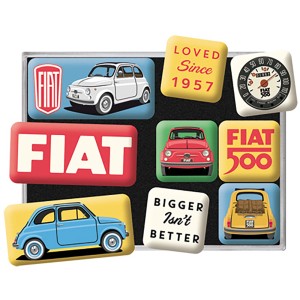 Nostalgic-Art Magnet-Set mit 9 bunten Fiat 500 Motiven für Kühlschrank und Magnettafel.