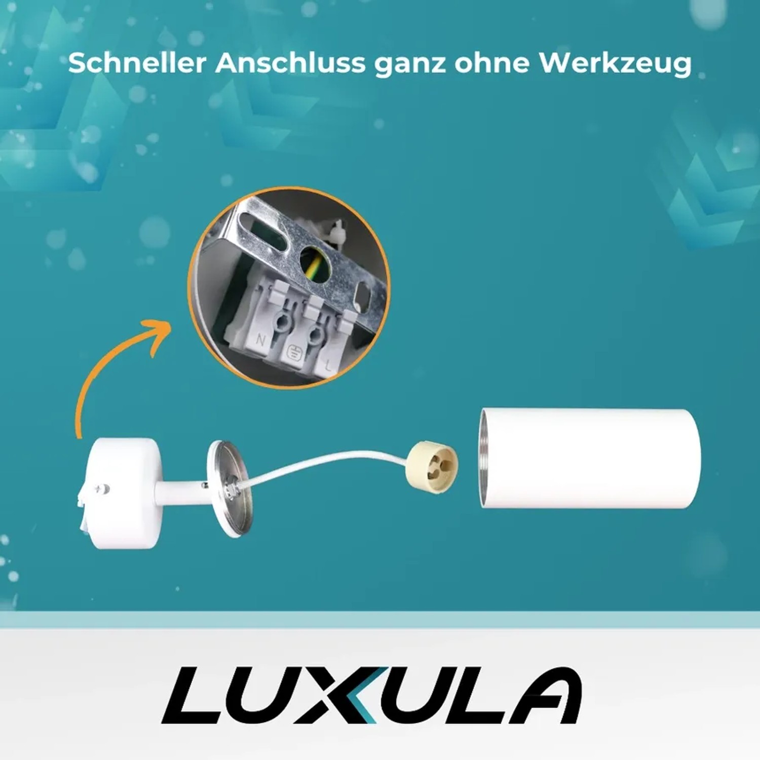 Einzelteile des weißen LUXULA LED Aufbauspots zur Deckenmontage.