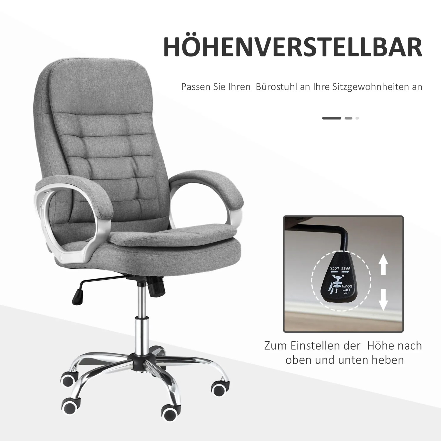 Grauer Vinsetto Bürostuhl mit Rollen, Wippfunktion und Höhenverstellung.