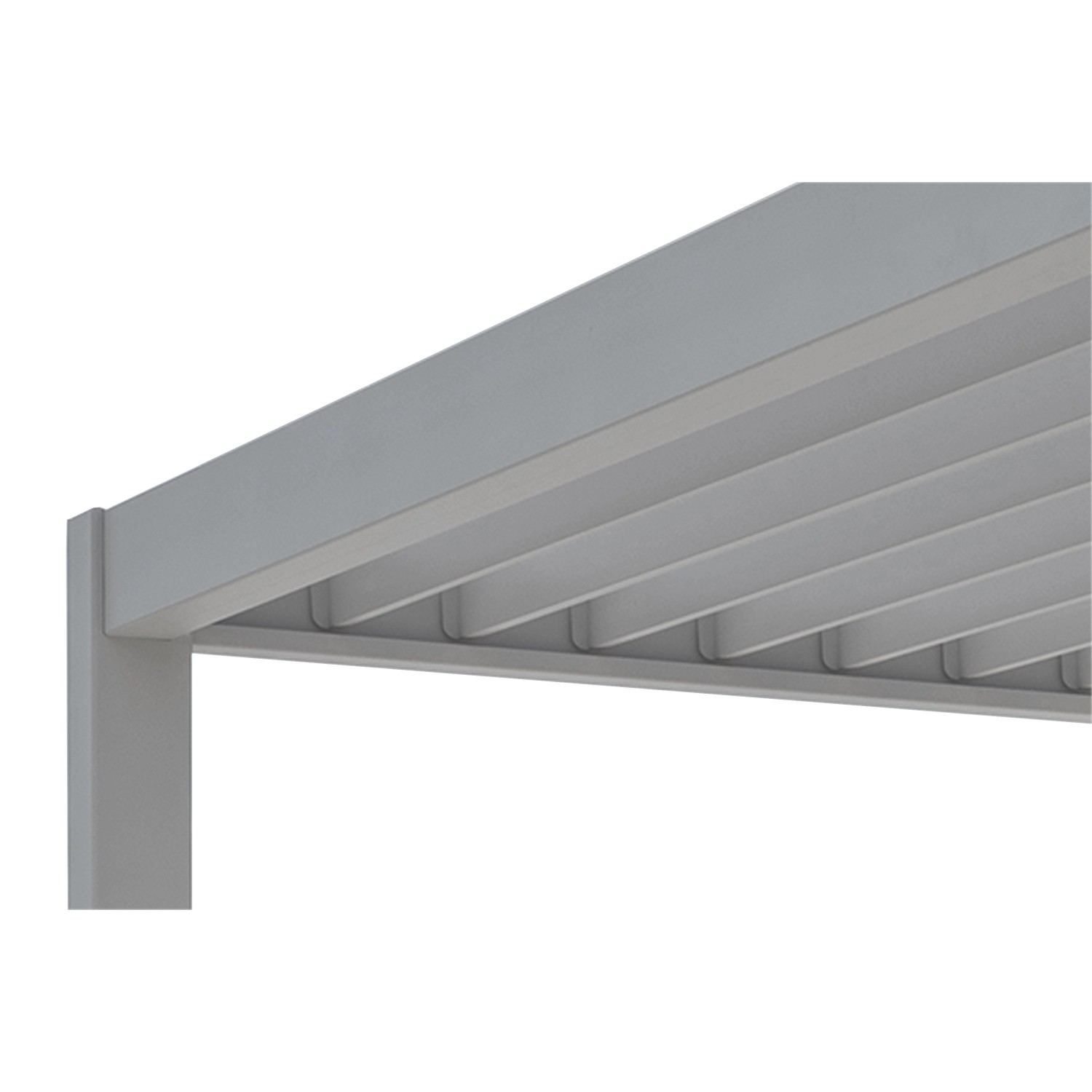 Detailaufnahme der hellgrauen Mirador Pergola 111 Deluxe (3x4m) mit Aluminiumlamellen.