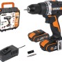 Worx Akku-Bohrschrauber WX102 Set mit 2 Akkus, Ladegerät und Zubehör im Koffer.