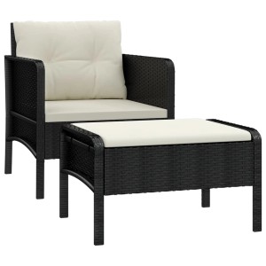 vidaXL Garten-Lounge-Set, 2-teilig, schwarz, mit Kissen. Gartenmöbel aus Polyrattan mit Stuhl und Hocker.