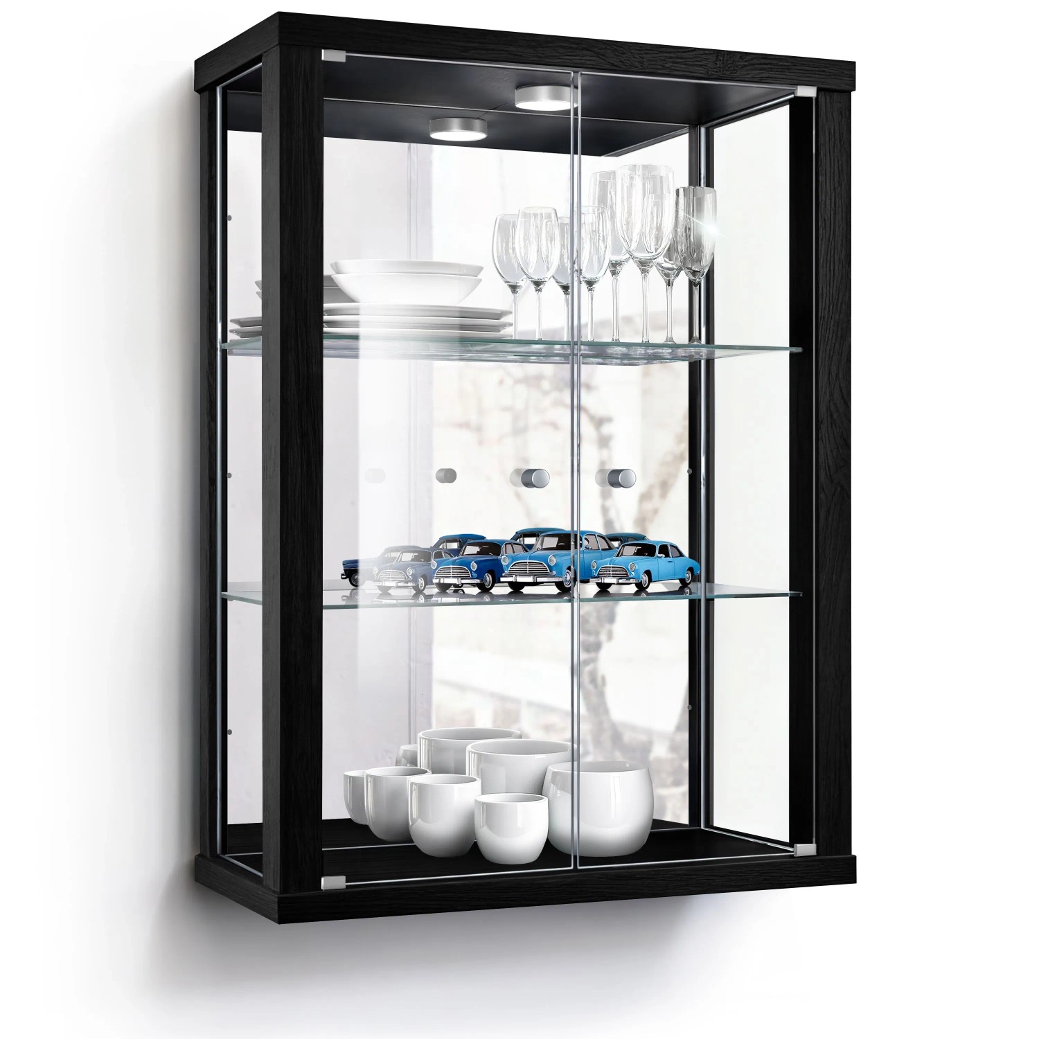 K-Möbel Wandvitrine Glas 80x60x25 cm Made in Germany mit LED, Spiegel & 2 Höhenverstellbaren ESG Glasböden Schwarz