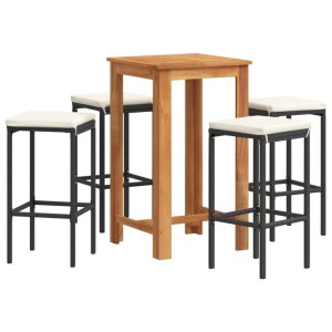 vidaXL Gartenbar-Set, 5-teilig, Akazienholz/Poly Rattan, schwarz. Bartisch mit 4 Barhockern und cremefarbenen Kissen.