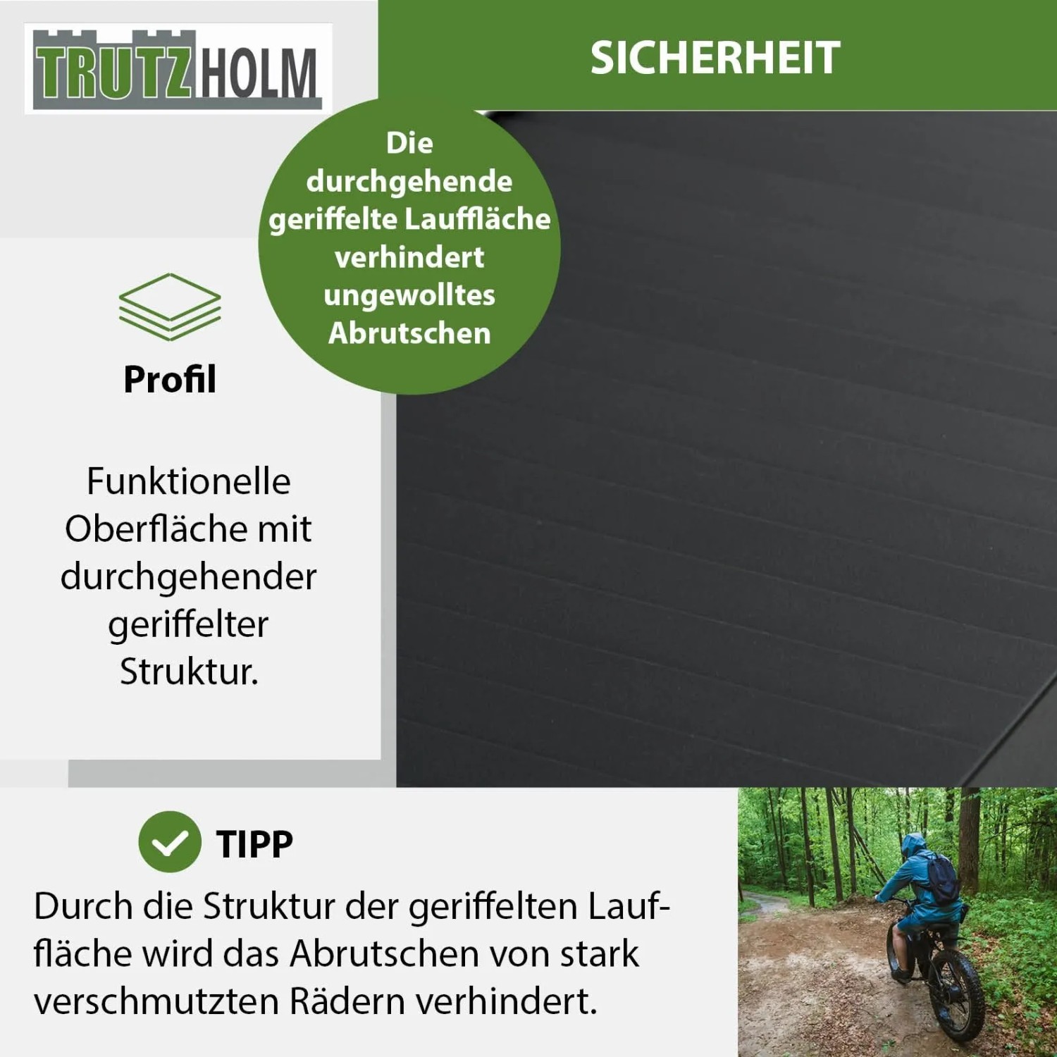 Detailaufnahme der TRUTZHOLM Auffahrrampe mit geriffelter Oberfläche für sicheren Halt.